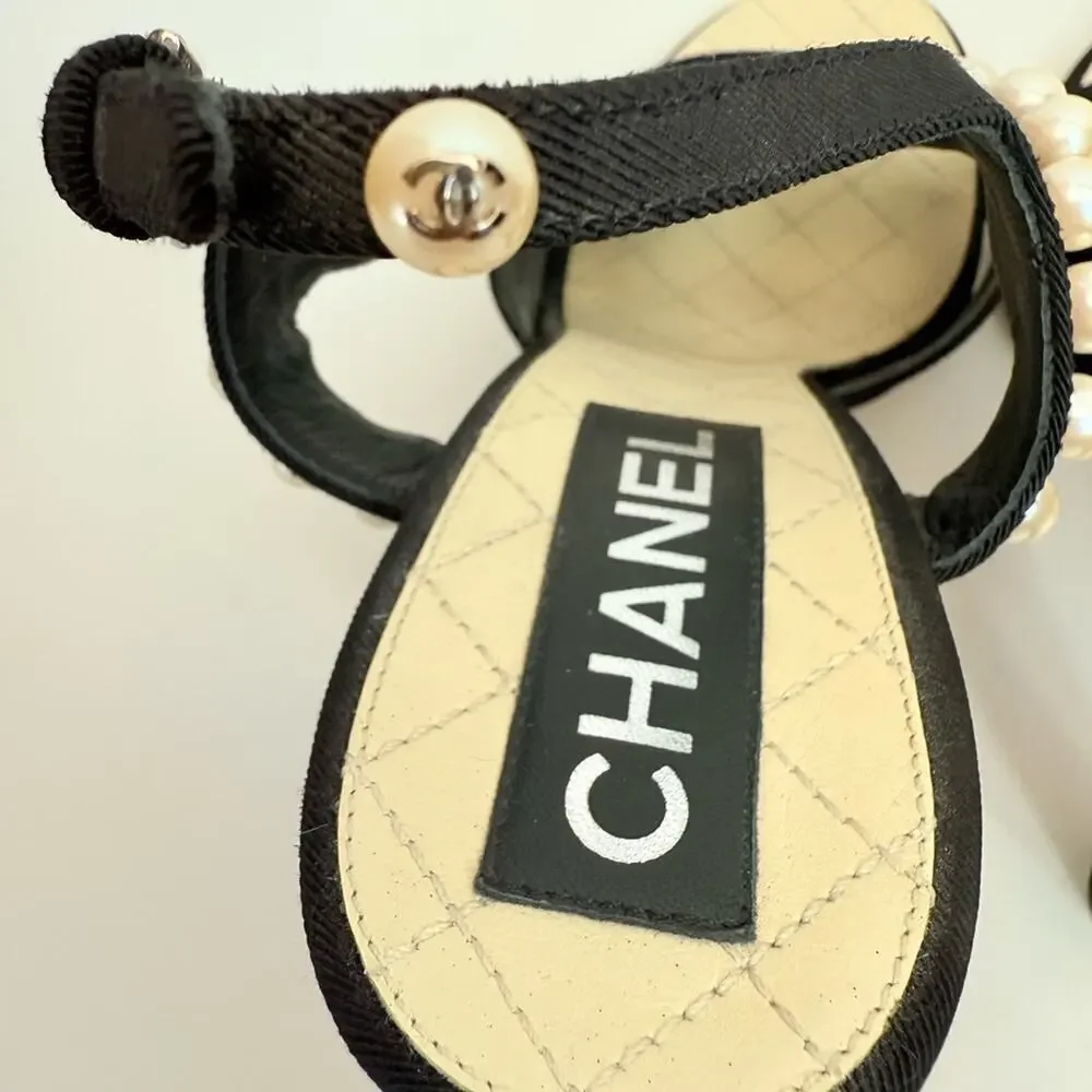 Chanel Black Grosgrain Pearl Slingback Heels Sandals CC Logo  EU 41